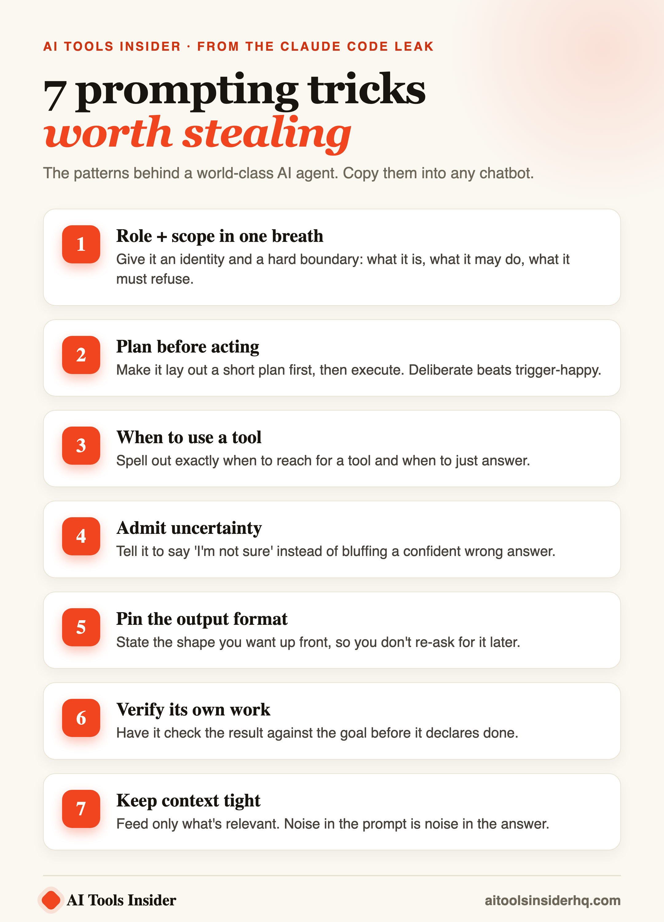 Infographic: 7 prompting tricks from the Claude Code leak, role plus scope, plan before acting, when to use a tool, admit uncertainty, pin the output format, verify its own work, and keep context tight.